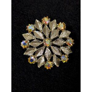 Vintage Aurora Borealis Rhinestone Flower Brooch Gold Tone Round Leaf